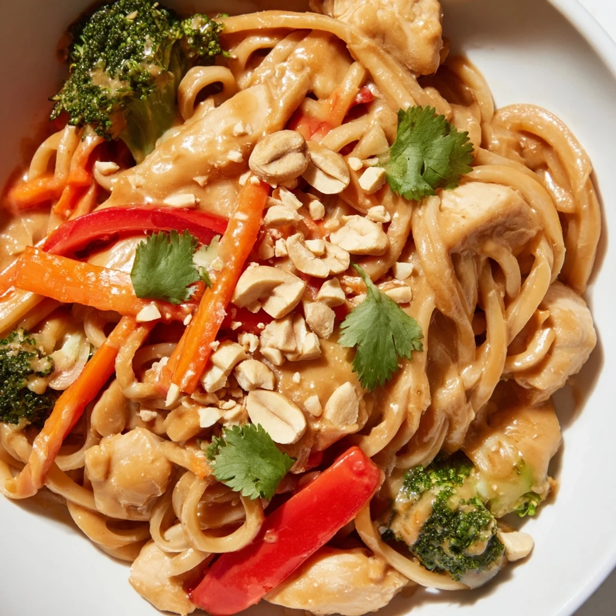 Creamy peanut chicken noodle meal prep in glass containers with colorful vegetables and chopped peanut garnish