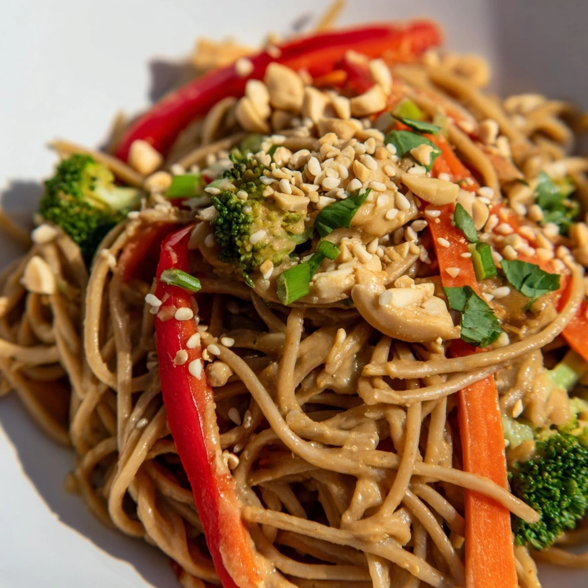 High-protein peanut chicken noodle meal prep bowls featuring tender chicken, crisp bell peppers, and savory peanut sauce