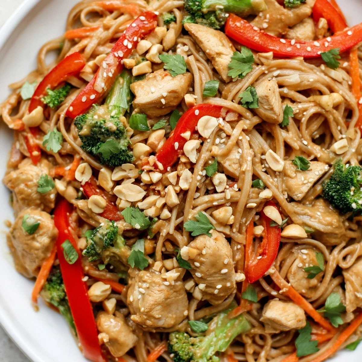 Meal prep containers filled with peanut chicken noodles, broccoli, carrots, and sesame seed topping for easy lunches