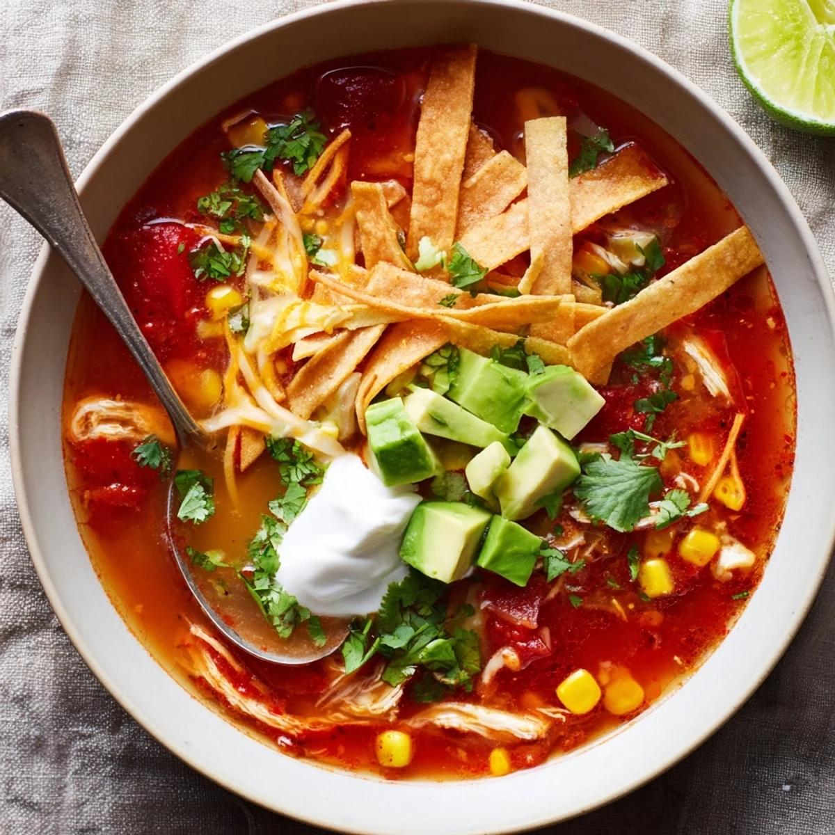 Steaming bowl of Mexican tortilla soup topped with golden crispy tortilla strips, avocado, cheese, and fresh cilantro