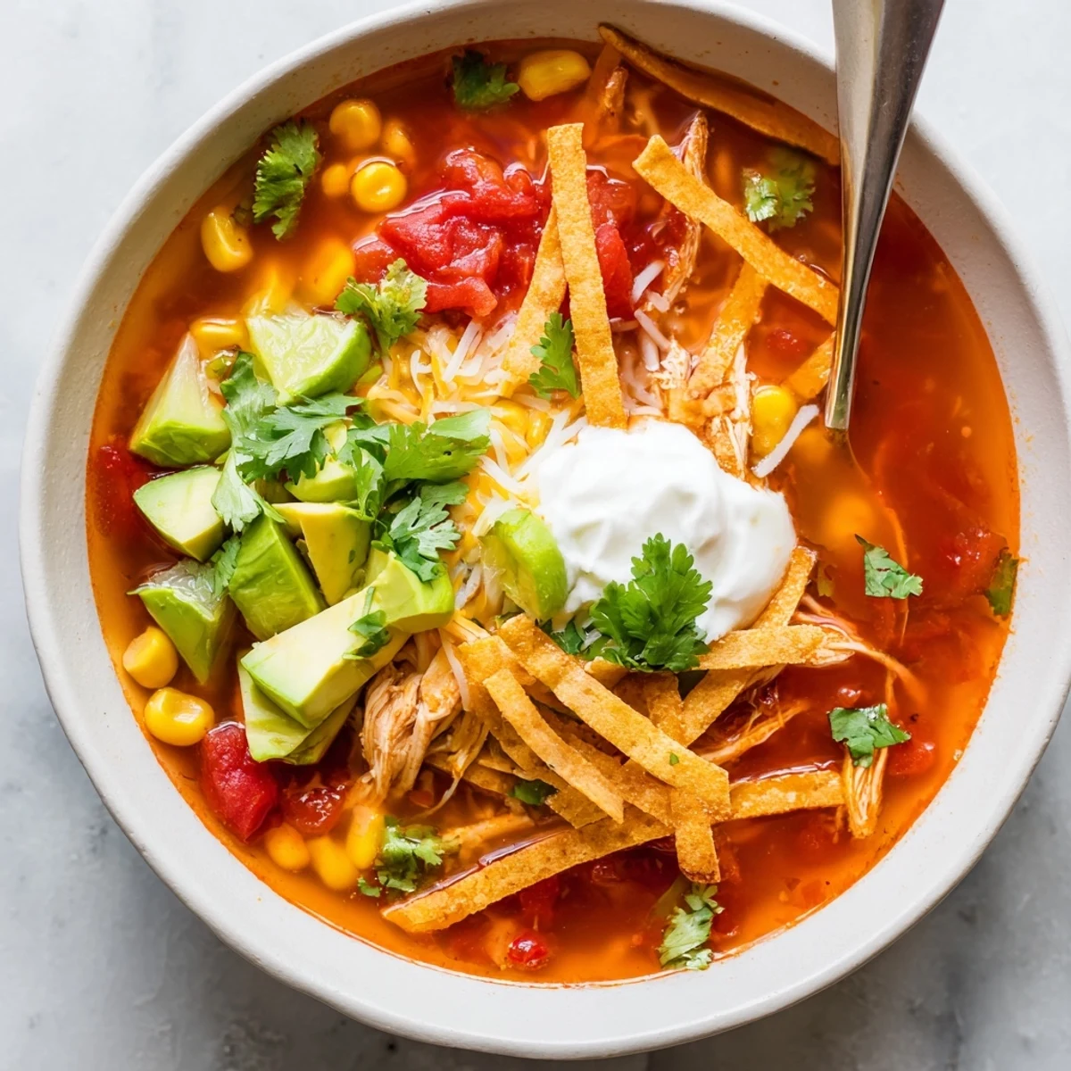 Hearty Mexican tortilla soup ladled into bowls with colorful layers of cheese, avocado, sour cream, and lime