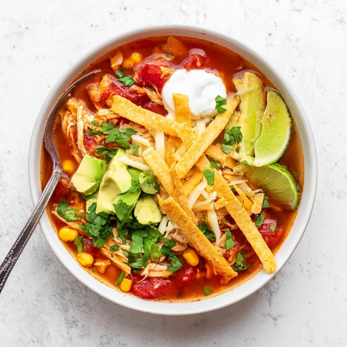 Rustic Mexican tortilla soup featuring tender chicken in spiced tomato broth with crunchy baked tortilla garnishes