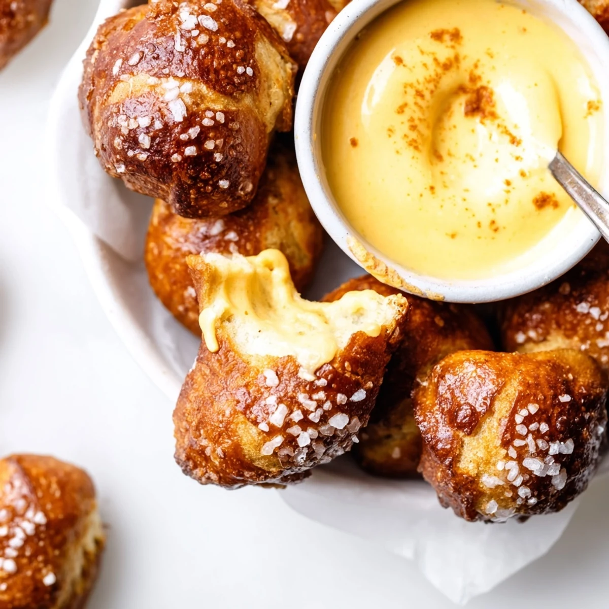 Golden crispy air fryer pretzel bites served with warm zesty cheddar cheese dip for dipping