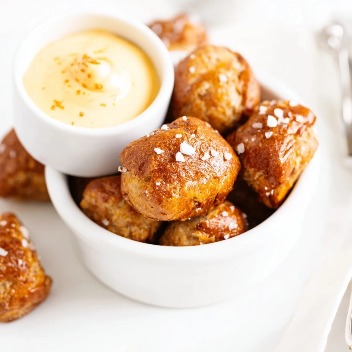 Chewy pretzel bread bites with coarse sea salt alongside creamy spiced cheese sauce