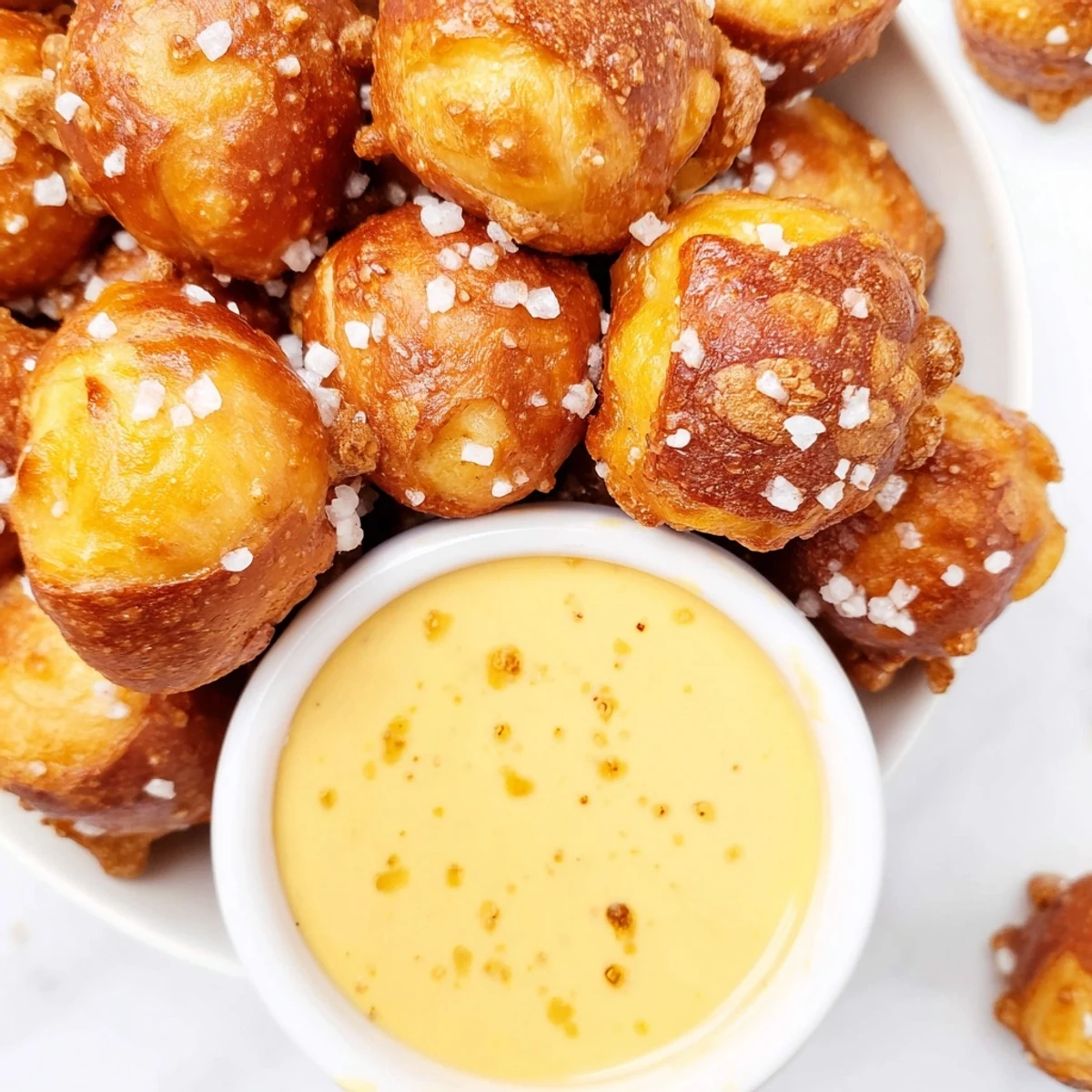 Air fryer pretzel bites arranged on platter with rich zesty cheese dip for parties