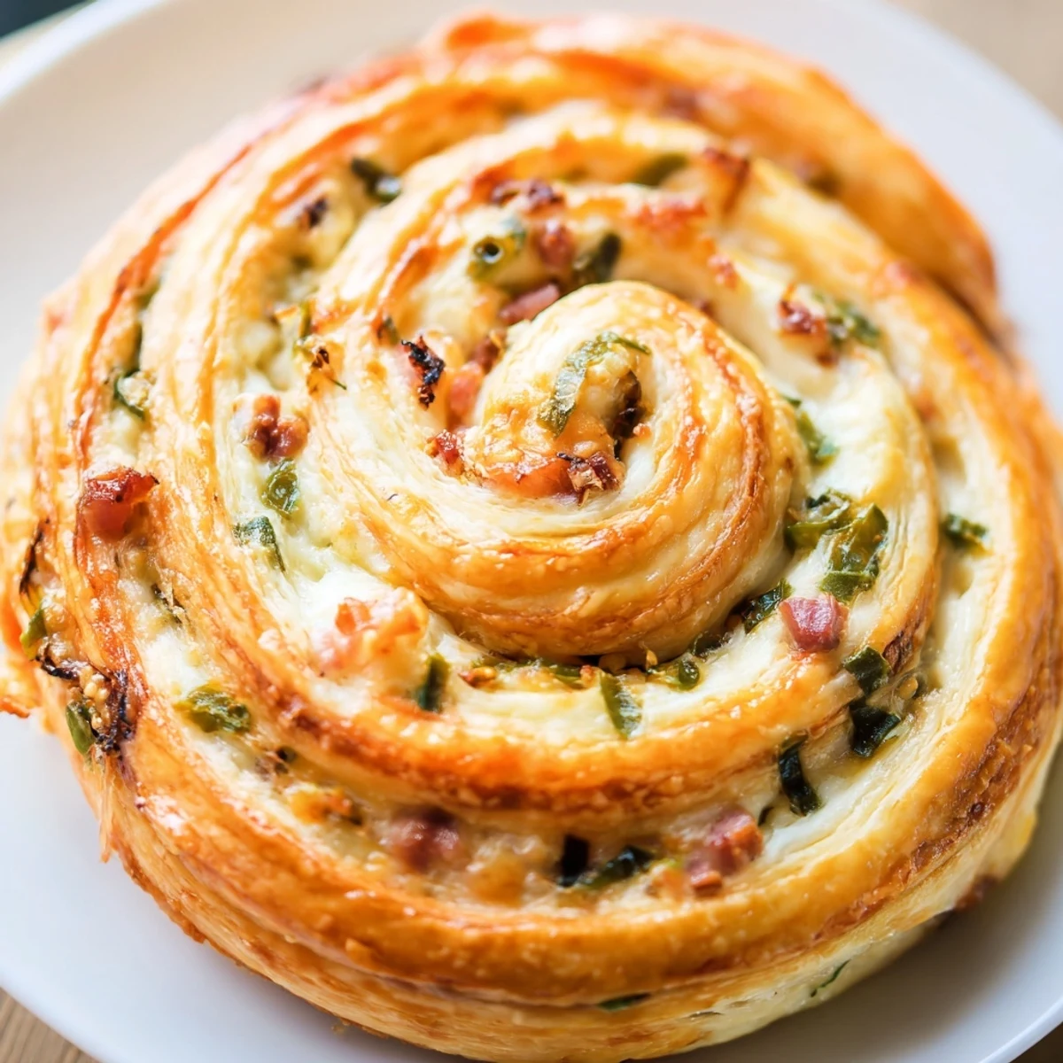 Golden brown jalapeño popper pinwheels with melty cheddar cheese and crisp bacon on a white serving platter