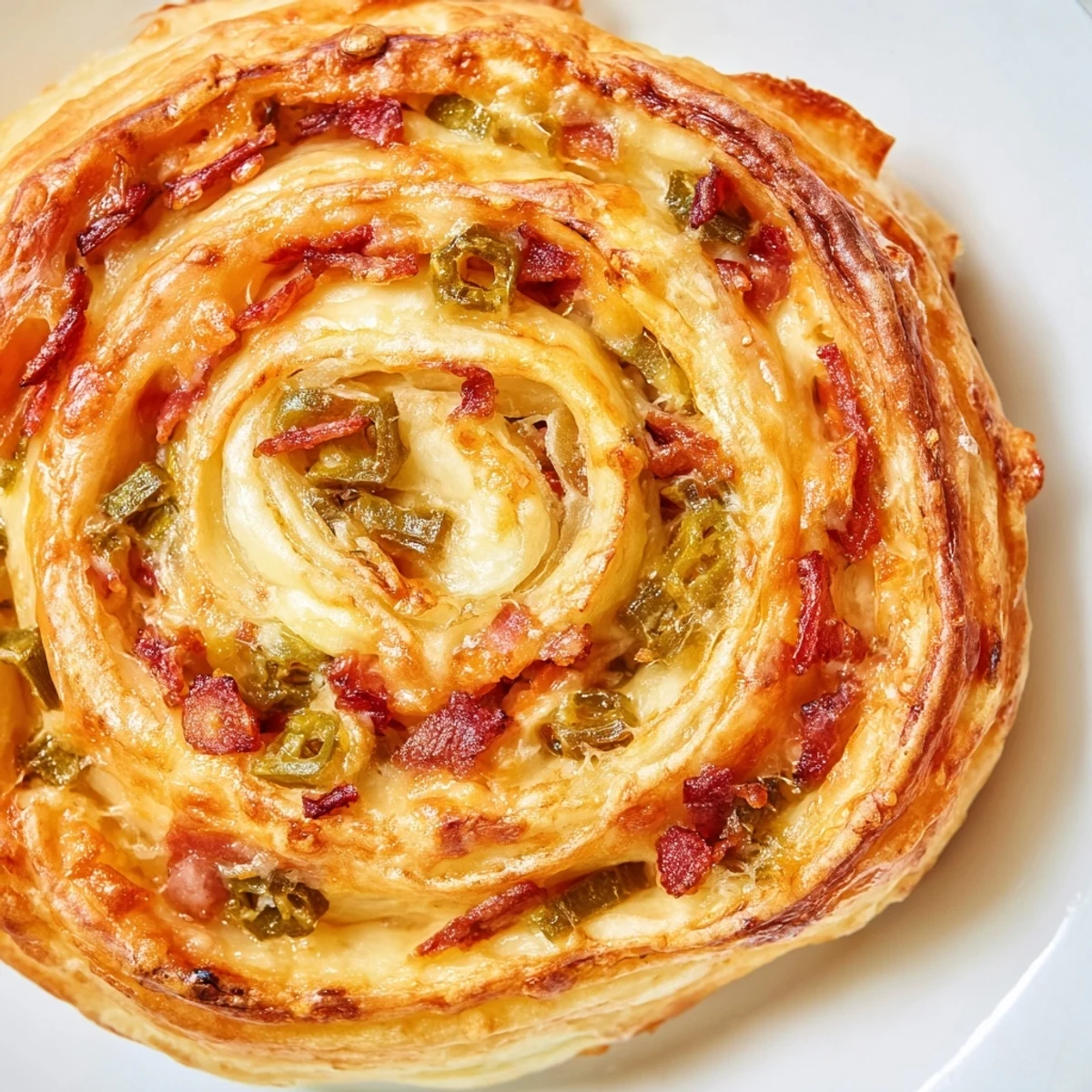 Close up of baked jalapeño popper pinwheels showing green pepper bits and golden layers ready for party serving