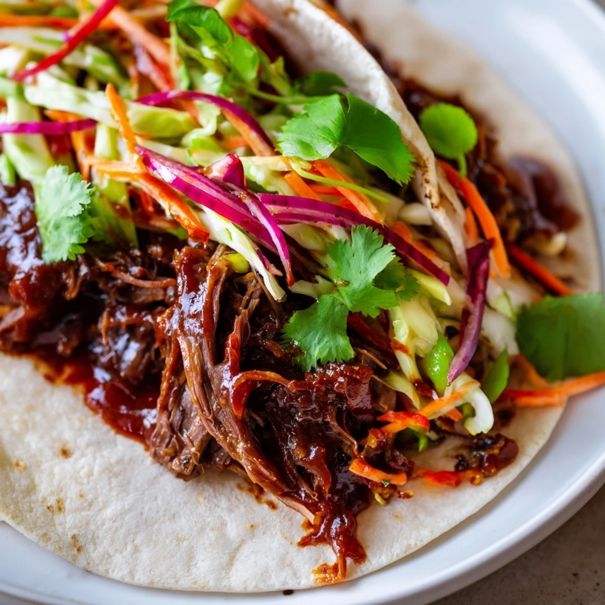 Soft flour tortilla wrapped around tender BBQ pulled beef topped with colorful crunchy cabbage slaw