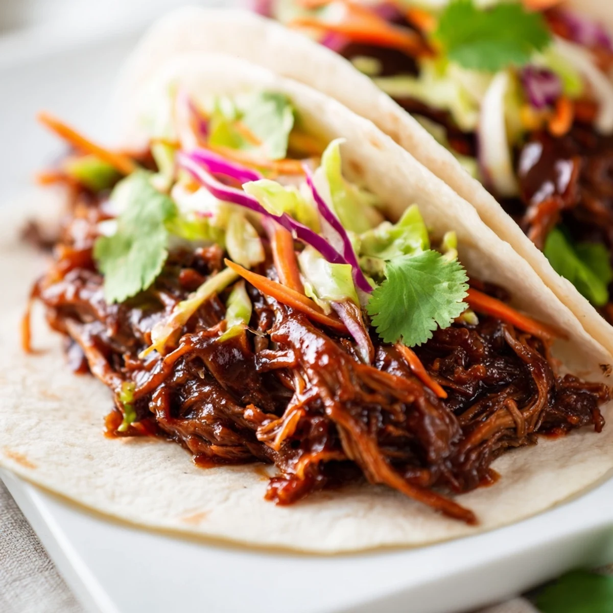 Vibrant red and green cabbage slaw piled atop smoky sweet BBQ beef in a warm tortilla wrap