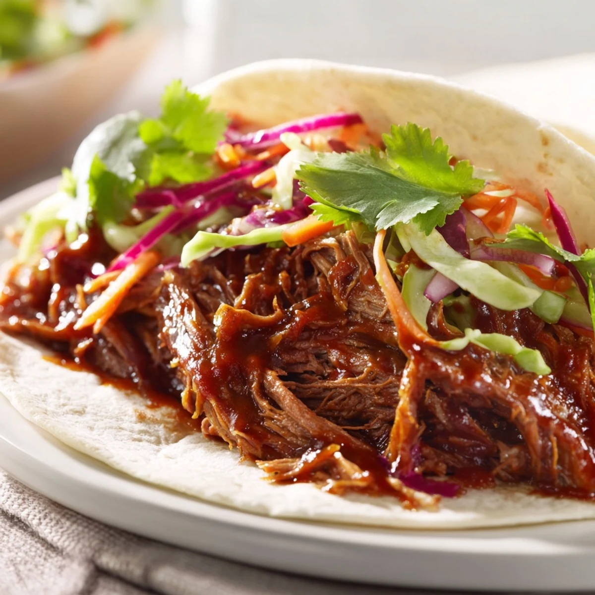 Hand-held BBQ pulled beef wrap filled with slow-cooked beef and crisp creamy vegetable slaw