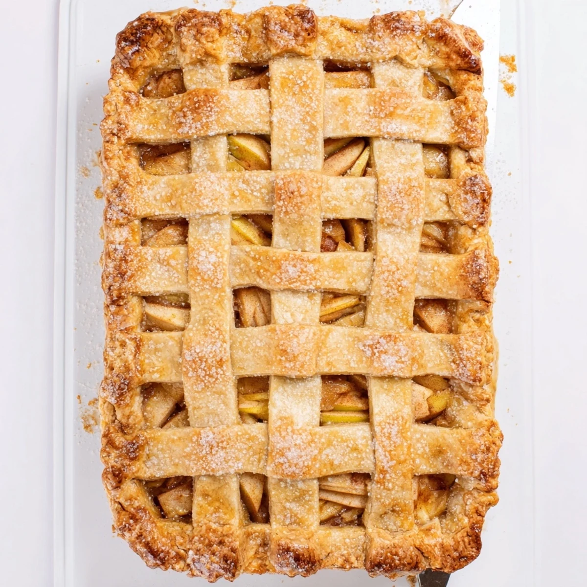 Baked apple slab pie showcasing caramelized fruit beneath a golden egg washed crust on a baking sheet