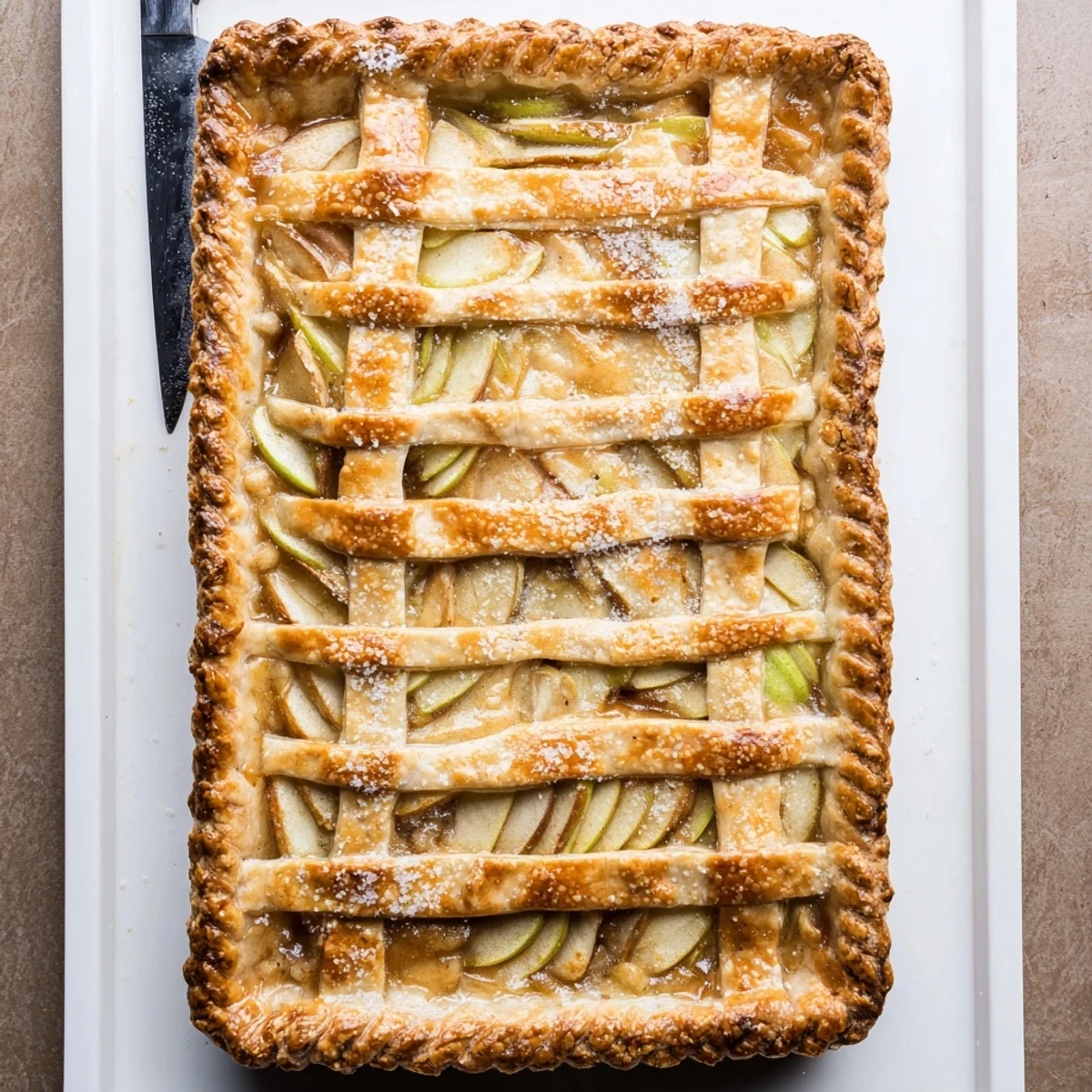 Rectangular apple slab pie featuring buttery layers and cinnamon spiced apples perfect for feeding a crowd