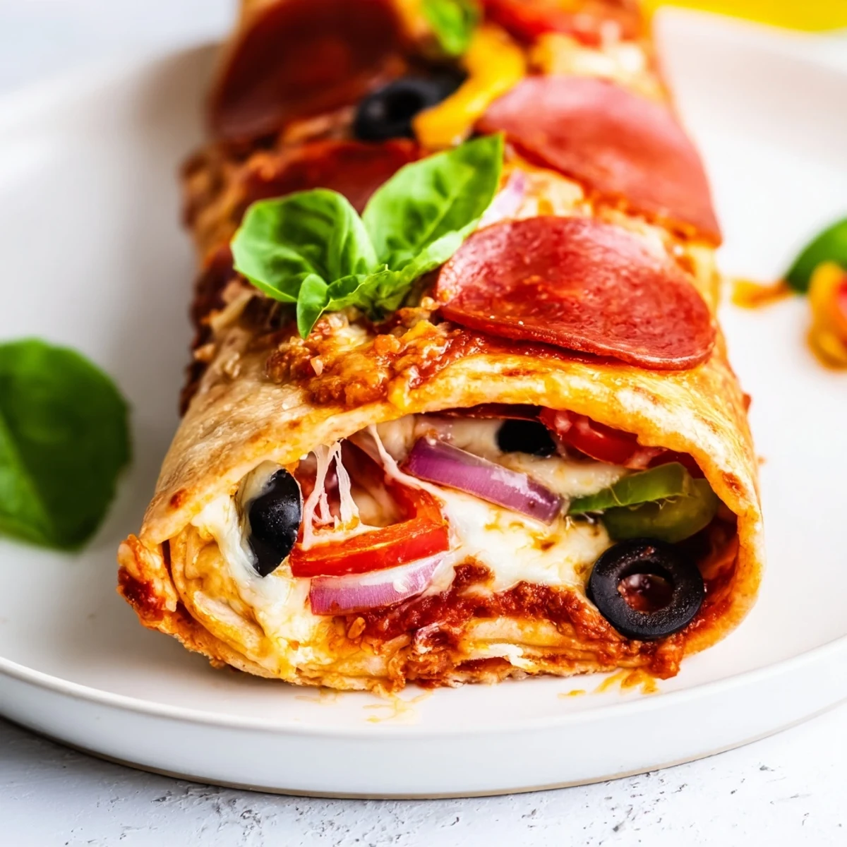 Golden oven baked pizza burritos with melted mozzarella and pepperoni spilling from tortilla wraps