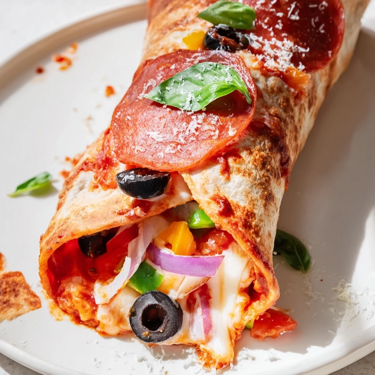Crispy air fried pizza burritos sliced open revealing cheesy pepperoni and colorful vegetable filling