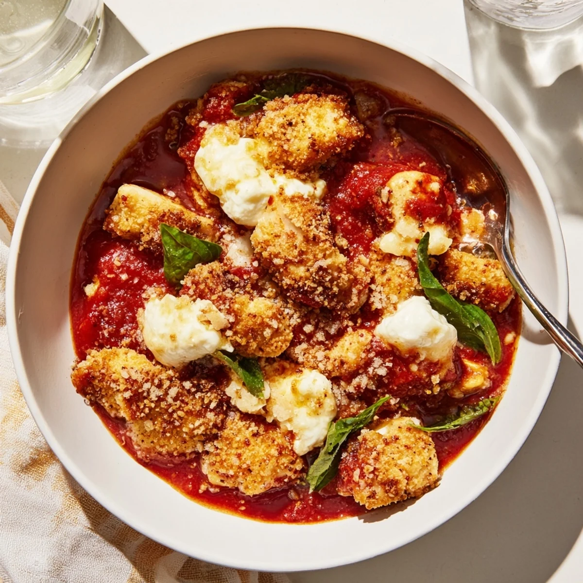 Golden brown chicken breast smothered in marinara and melted mozzarella atop creamy cottage cheese in a bowl