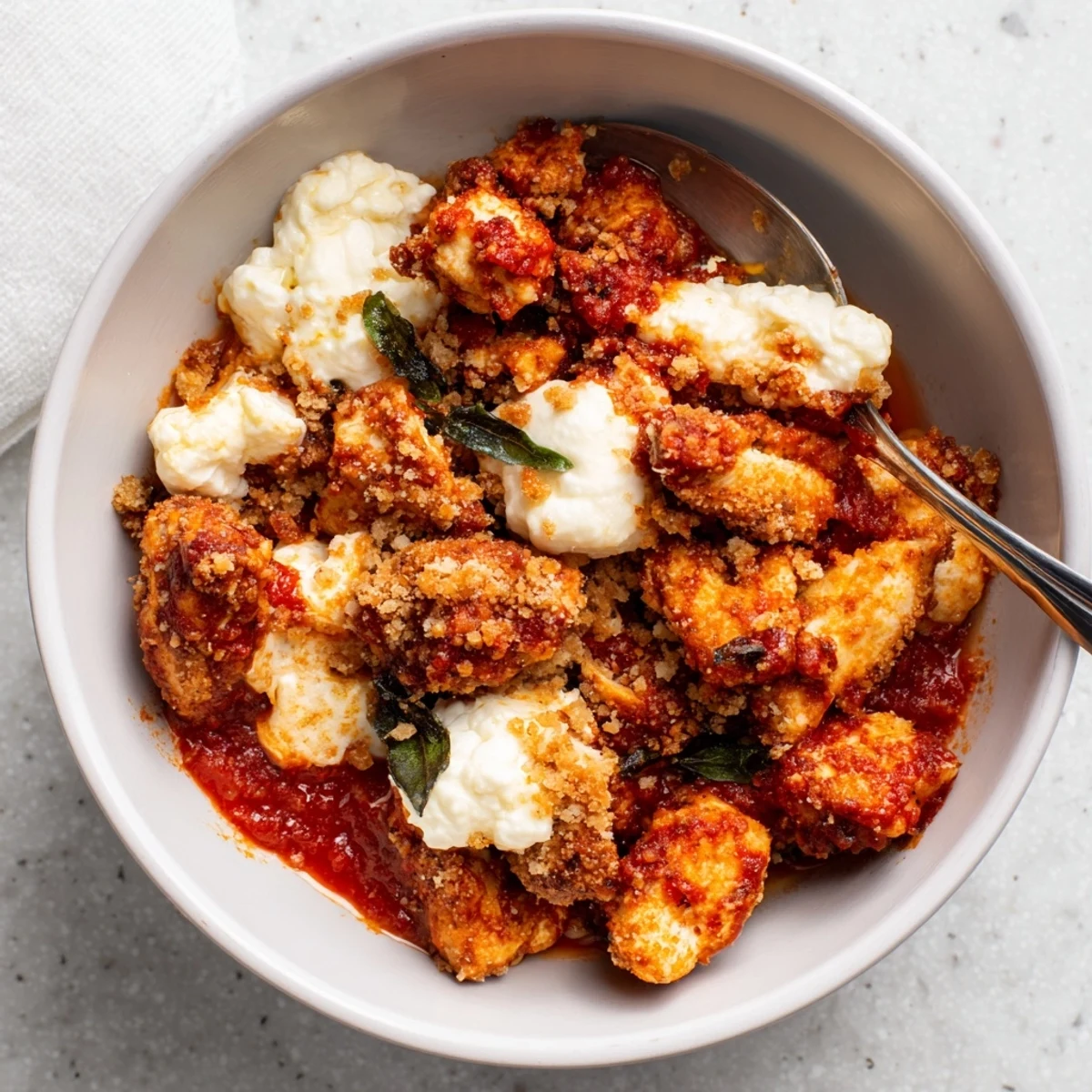 Comforting Italian-inspired cottage cheese bowl layered with seasoned chicken, zesty tomato sauce, and grated parmesan topping