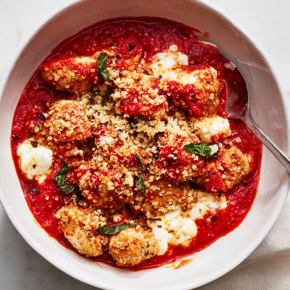 Crispy breadcrumb-topped high protein chicken parmesan bowl featuring bubbling cheese sauce and fresh basil garnish