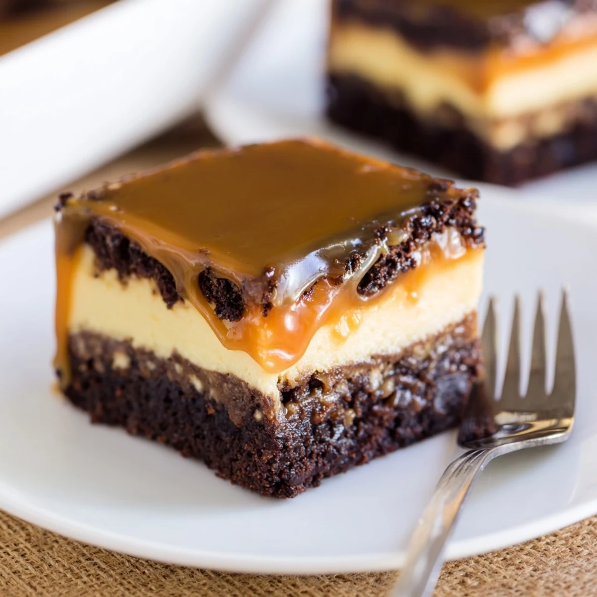 Rich caramel brownie cheesecake bars with fudgy chocolate layers and gooey caramel topping