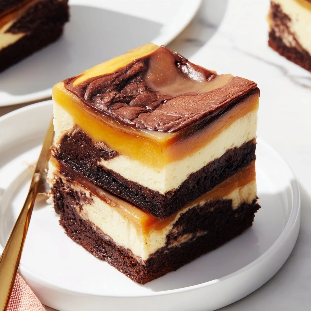 Decadent caramel brownie cheesecake bliss featuring creamy cheesecake and golden caramel drizzle