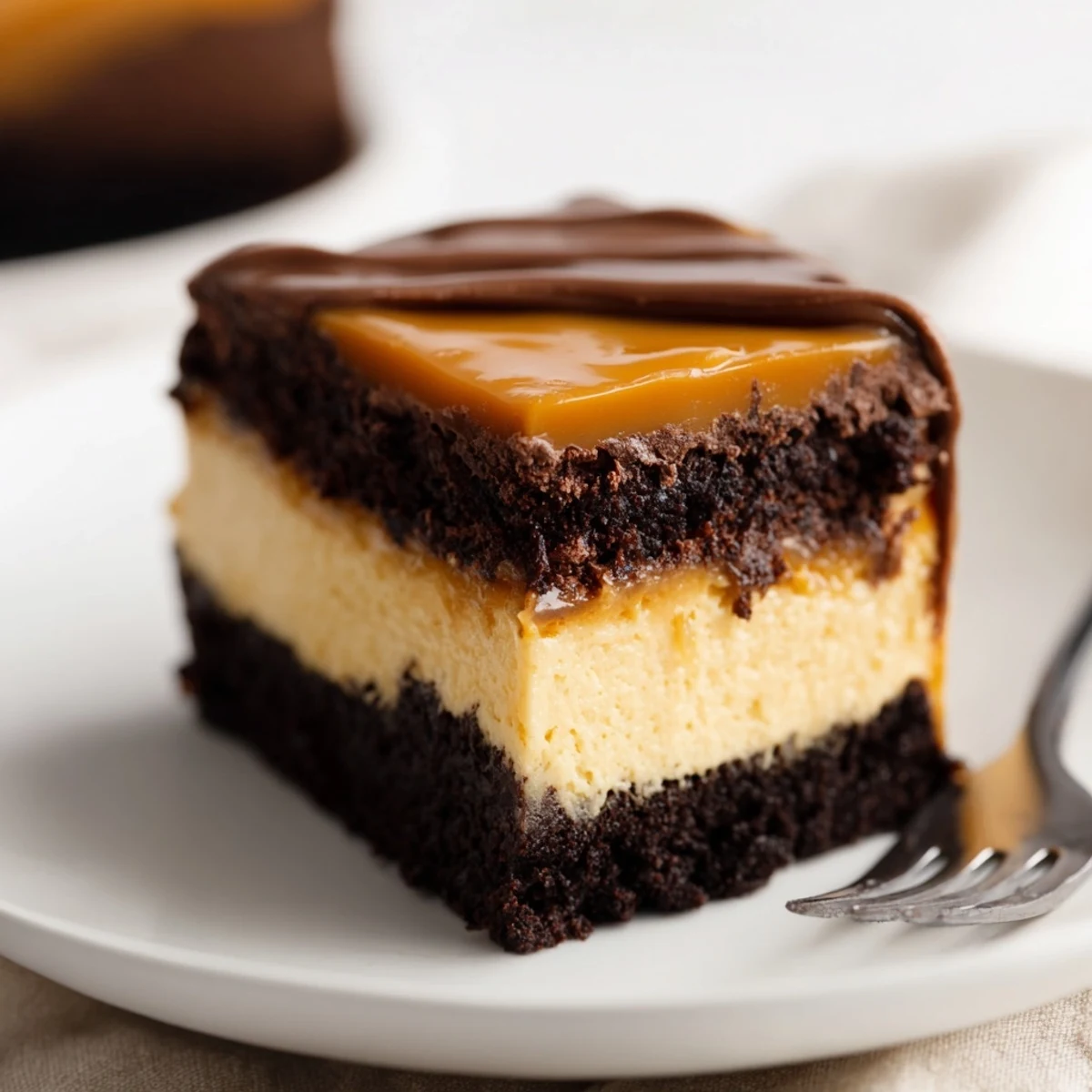 Slice of caramel brownie cheesecake showcasing the triple layers of fudgy brownie and sweet caramel sauce