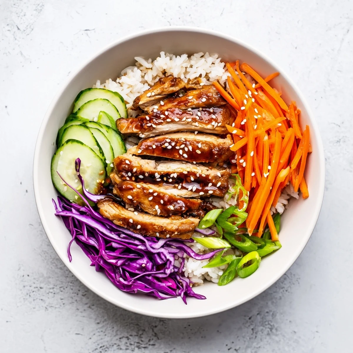 Korean BBQ chicken bowl featuring glazed grilled chicken over fluffy rice with fresh vegetables and sesame seed garnish
