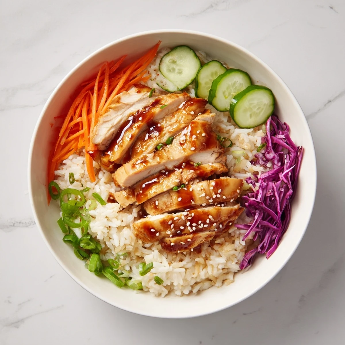 Savory Korean BBQ chicken bowl with juicy grilled meat served over steamed rice and crisp vegetable toppings