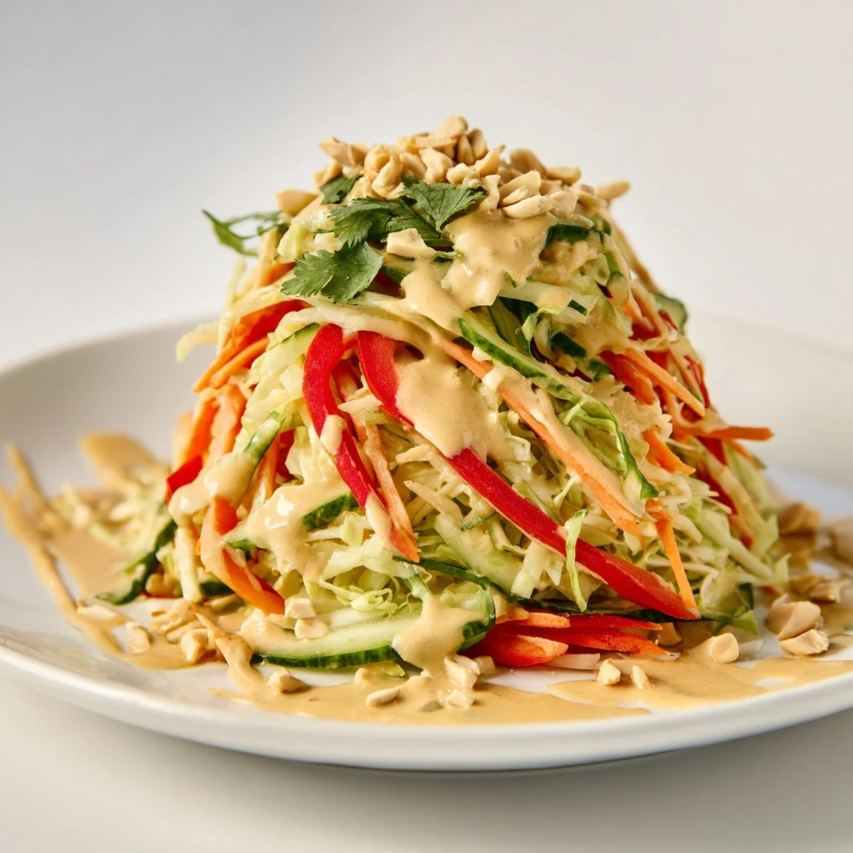 Colorful Thai salad with shredded cabbage, carrots, and cucumber drizzled with creamy peanut sauce