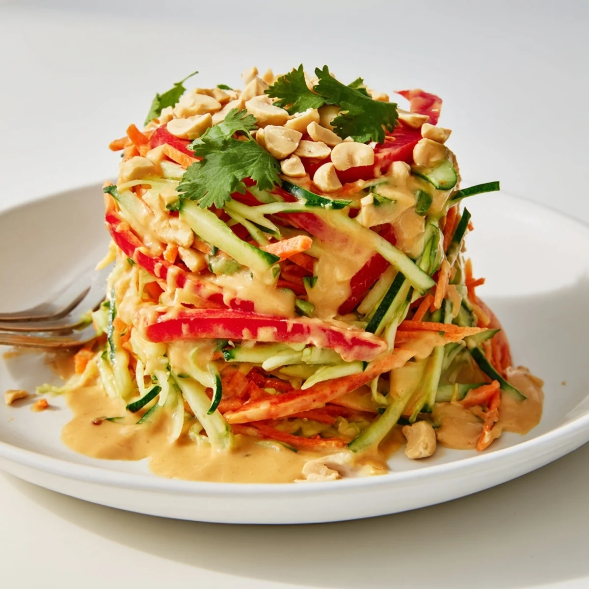 Vibrant bowl of crisp vegetables coated in rich peanut sauce with fresh cilantro garnish