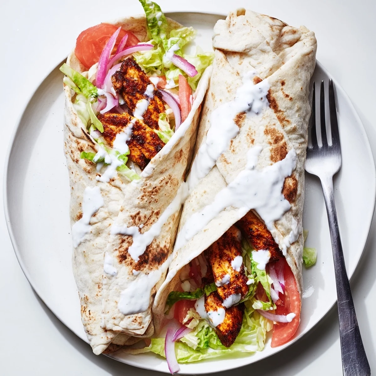Golden high protein cottage cheese flatbread wrapped around juicy spiced grilled chicken strips with crisp lettuce and fresh tomato