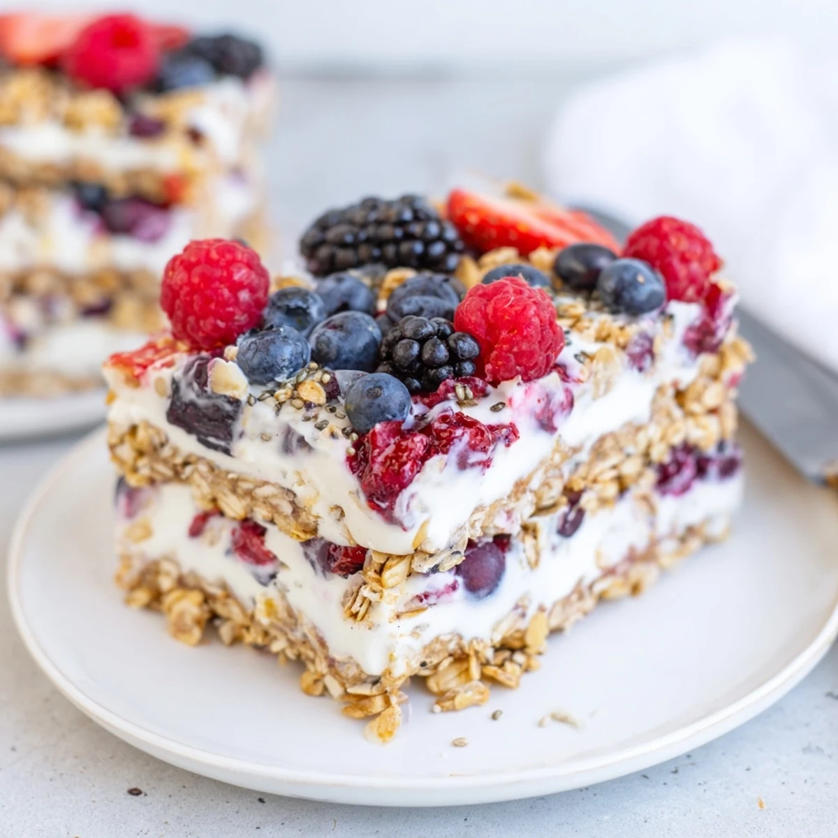 Homemade no bake frozen yogurt berry granola bars stacked on a white marble serving board