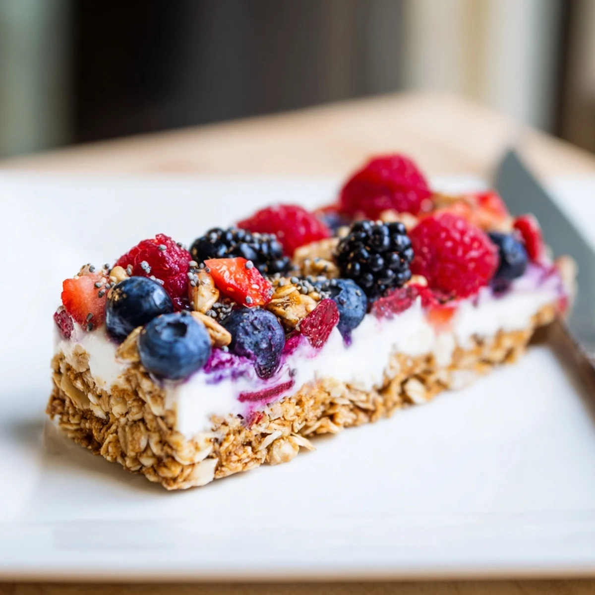 Fresh blueberries, raspberries, and strawberries topping creamy no bake frozen yogurt berry granola bars