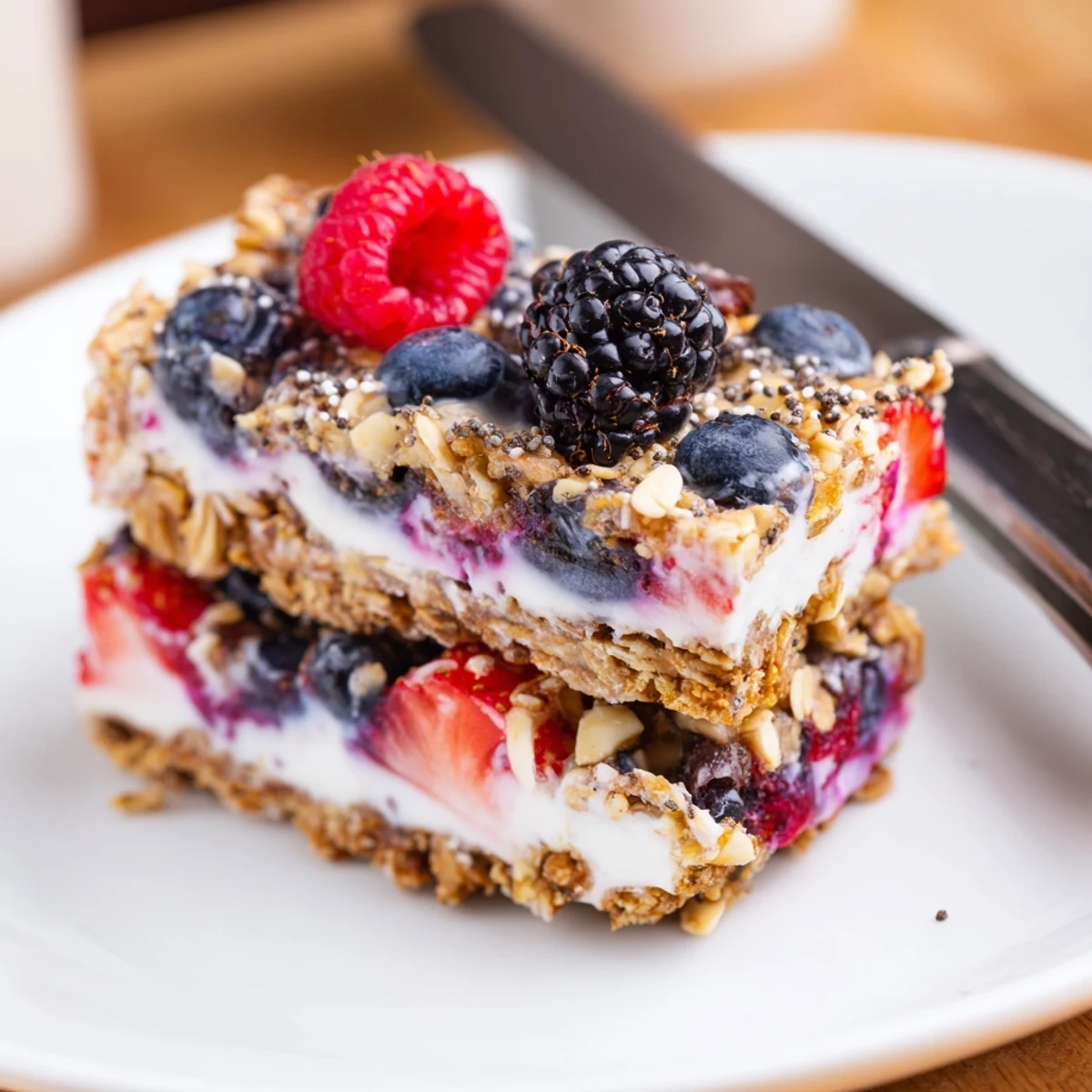 Sliced no bake frozen yogurt berry granola bars showing crunchy granola base and vibrant berry layers