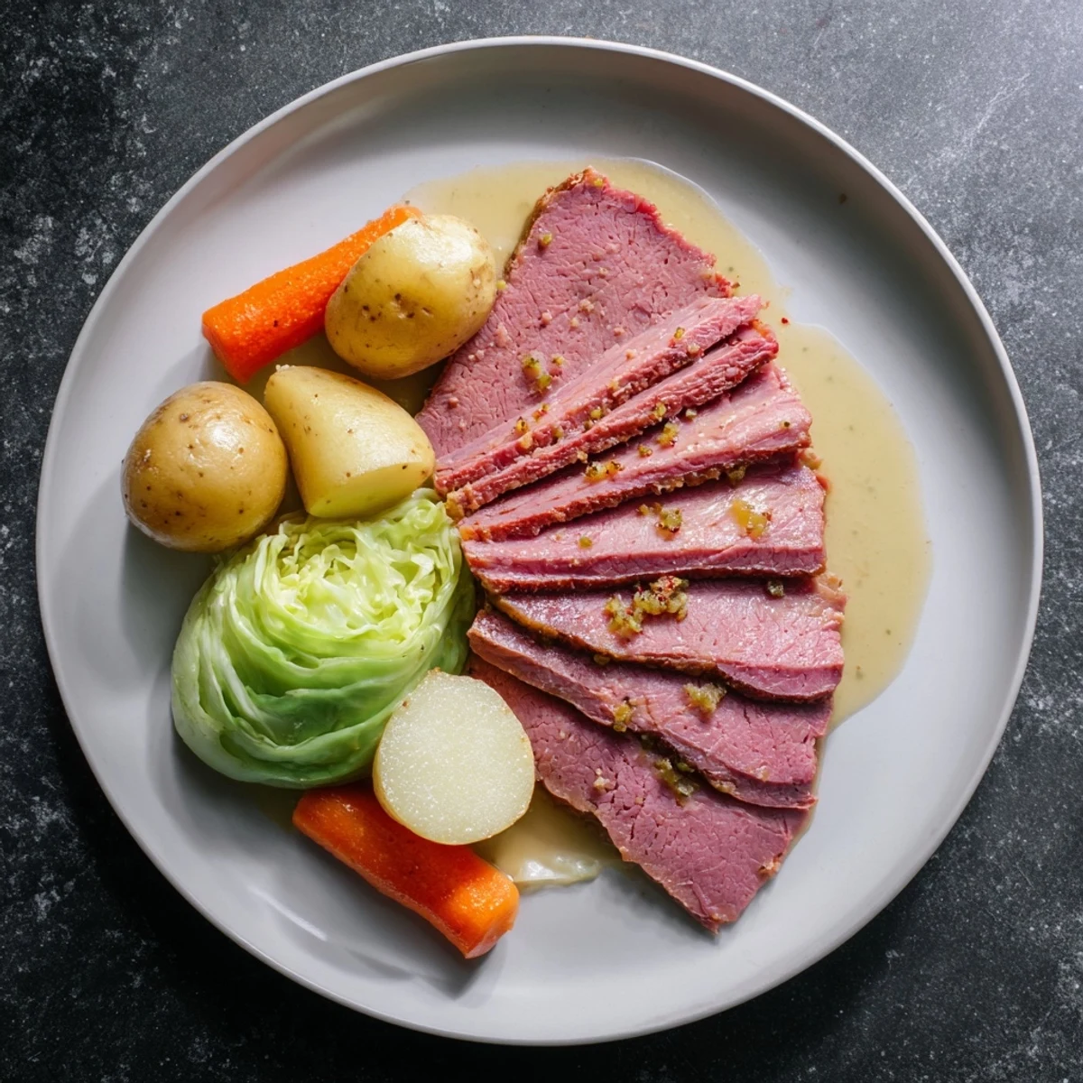 Sliced corned beef brisket alongside roasted vegetables and fresh cabbage on a rustic wooden platter