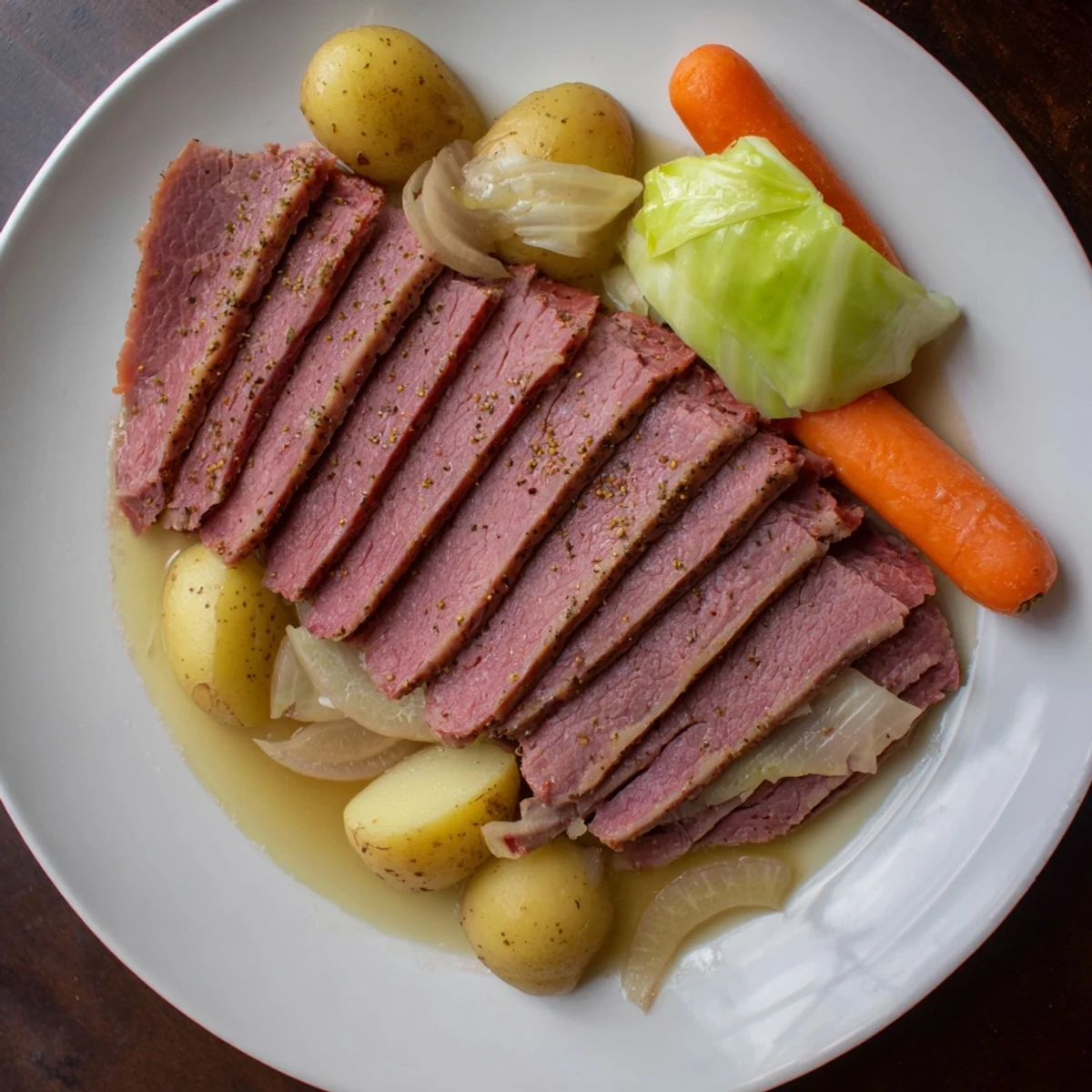 Tender slow cooker corned beef with cabbage, carrots, and potatoes served in a deep bowl