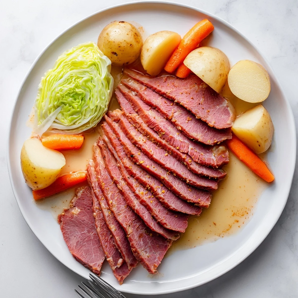 Hearty Irish-American corned beef and cabbage dinner steaming hot with potatoes and carrots