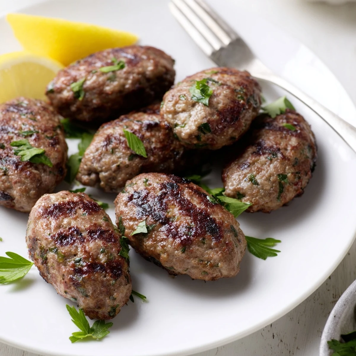 Golden grilled Lebanese kafta kebabs seasoned with aromatic spices and fresh herbs