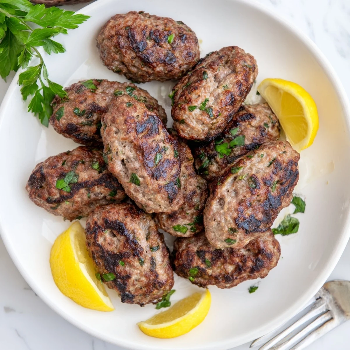 Juicy Middle Eastern spiced meat patties served with warm pita bread and lemon