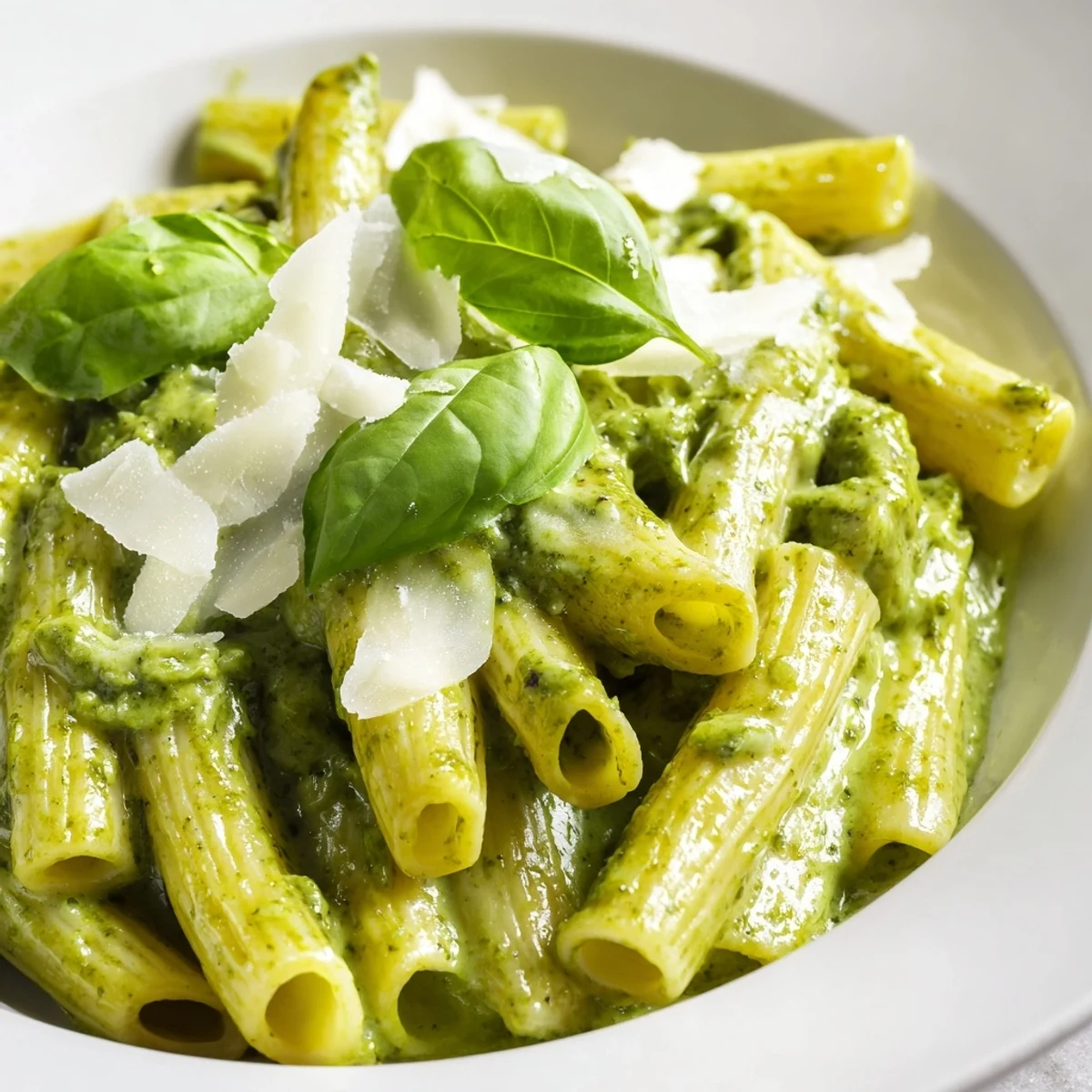 Creamy pesto pasta coated in rich basil sauce with grated Parmesan cheese