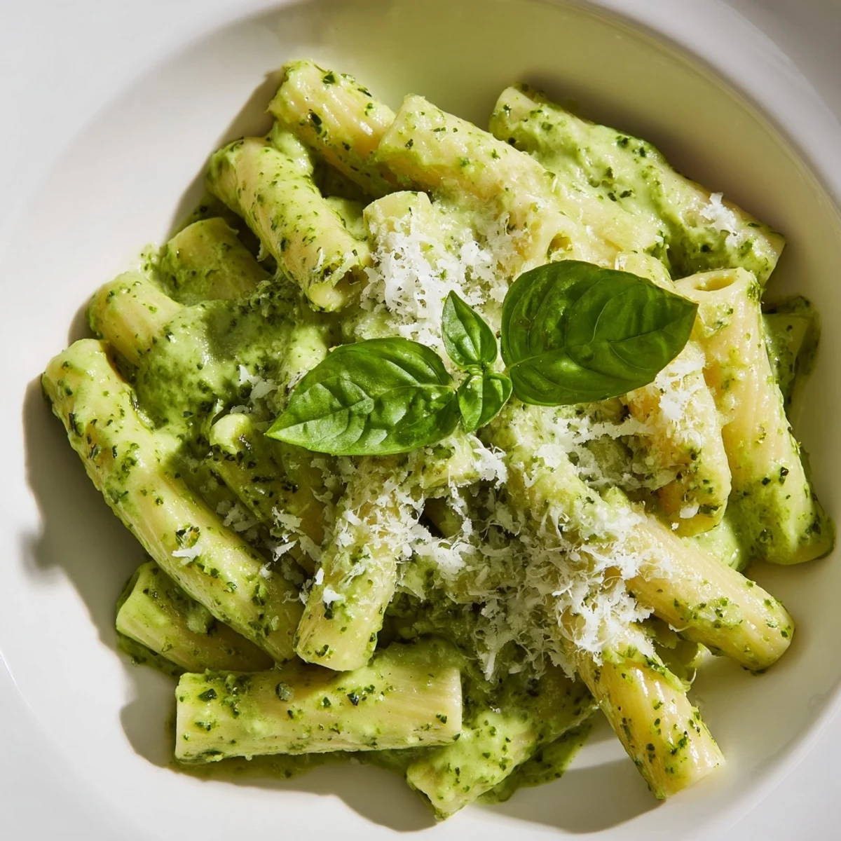 Steaming plate of pasta tossed with vibrant green basil pesto cream sauce
