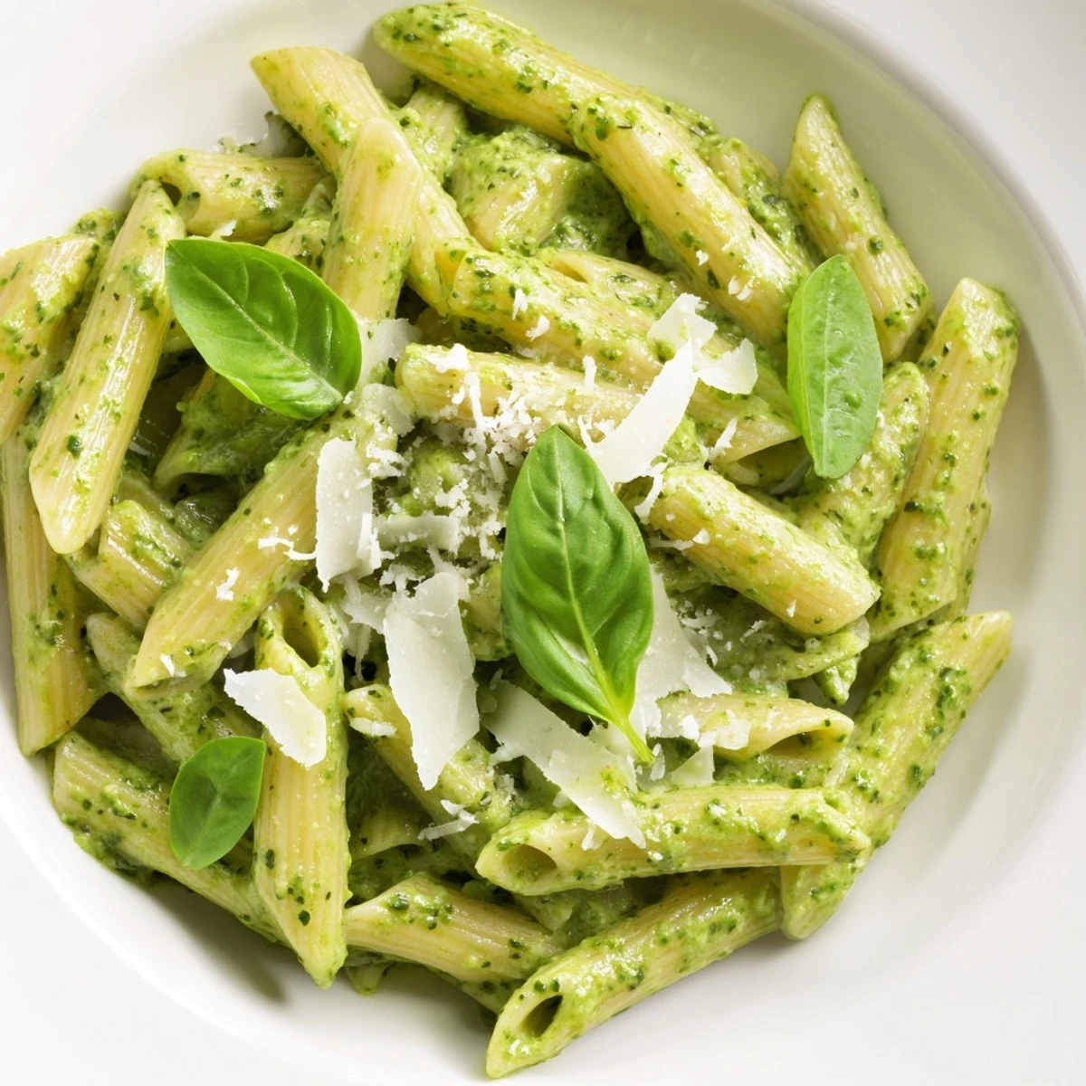 Bowl of al dente pasta dressed in smooth basil pesto and Parmesan