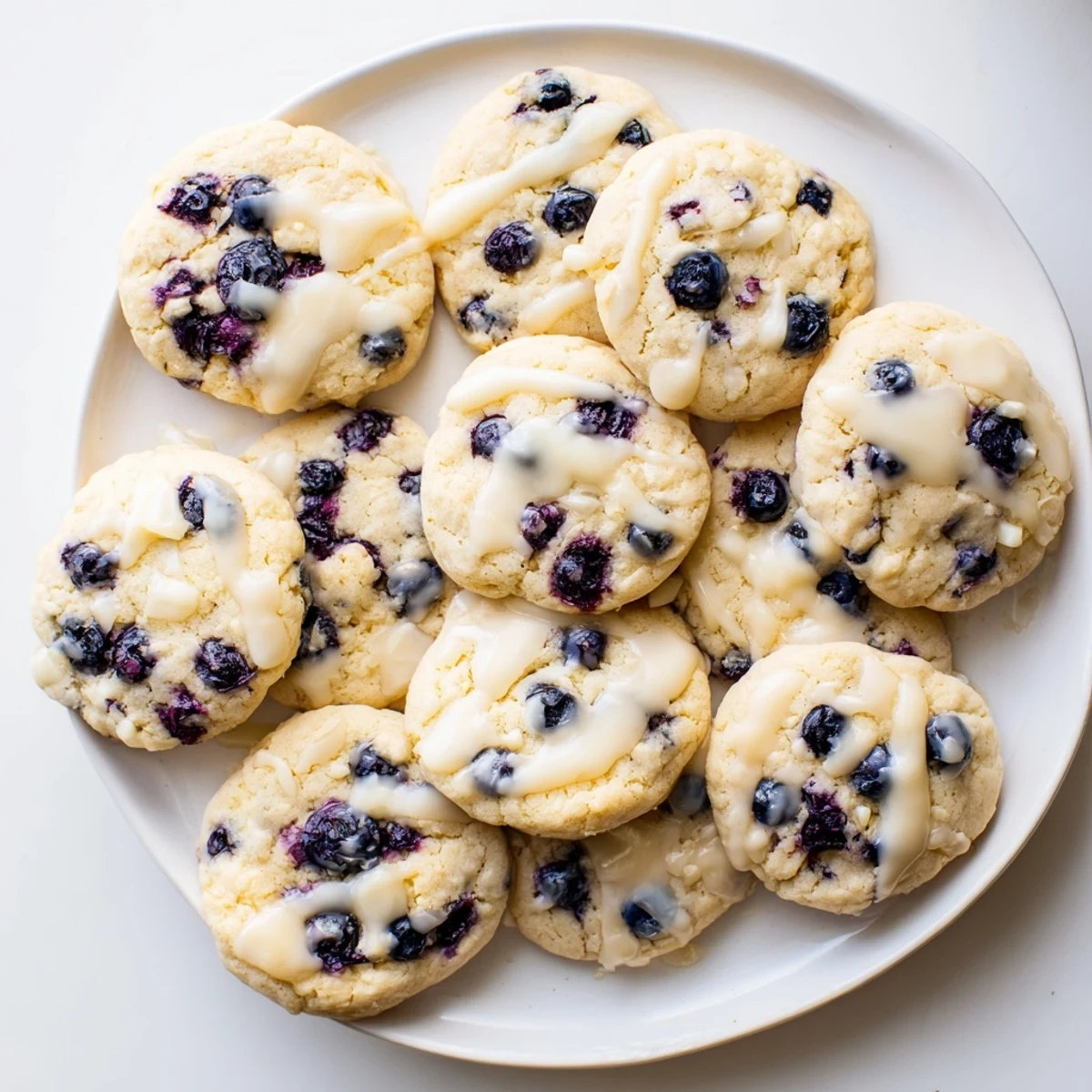 Freshly baked Lemon Blueberry Cheesecake Cookies with golden edges and creamy cheesecake center visible on a white plate