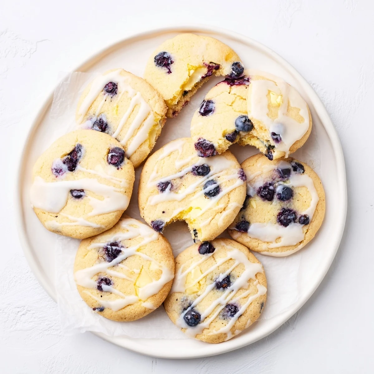 Stack of Lemon Blueberry Cheesecake Cookies topped with fresh blueberries and lemon zest garnish on a rustic wooden board