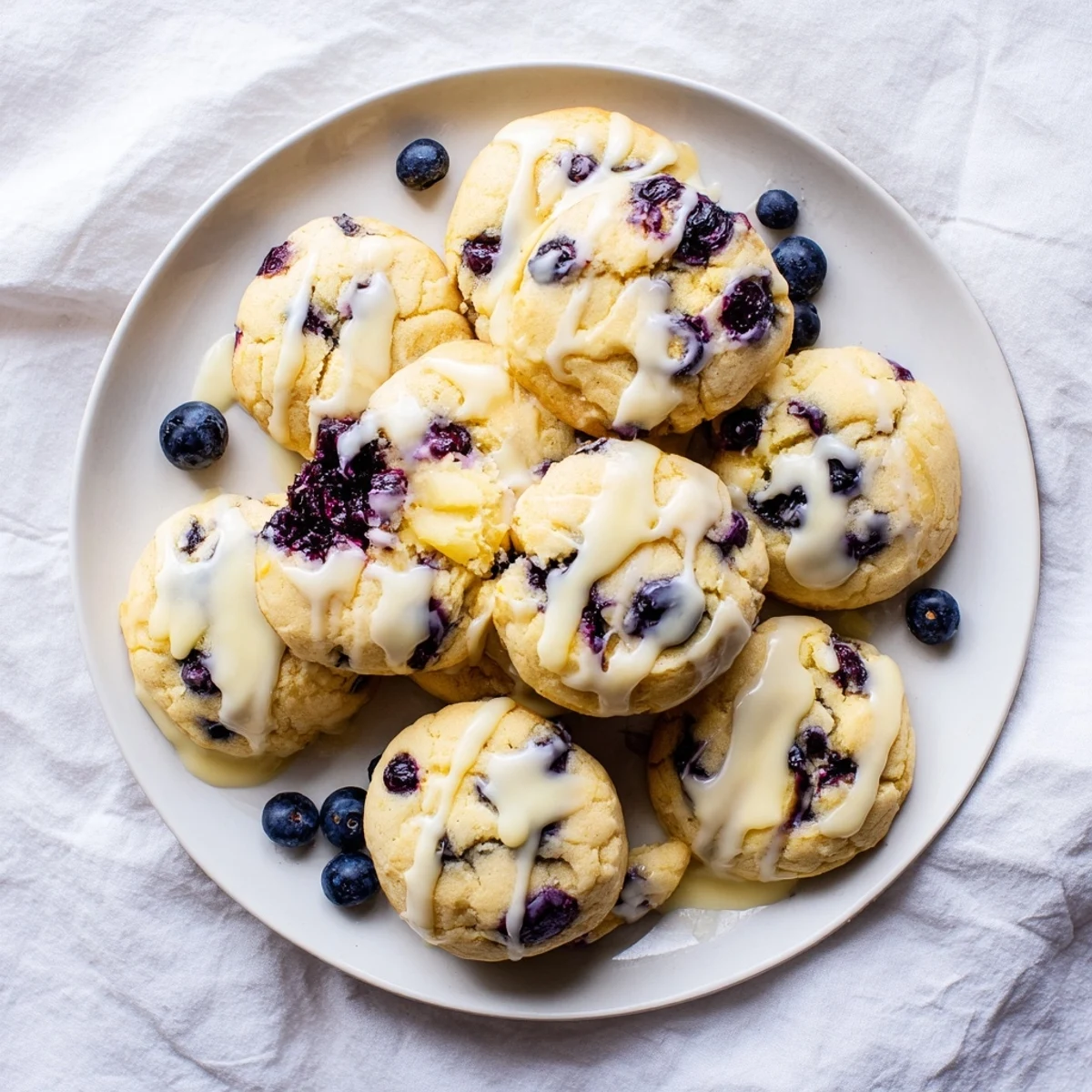 Soft Lemon Blueberry Cheesecake Cookies drizzled with lemon glaze, featuring purple blueberry specks throughout the tender crumb