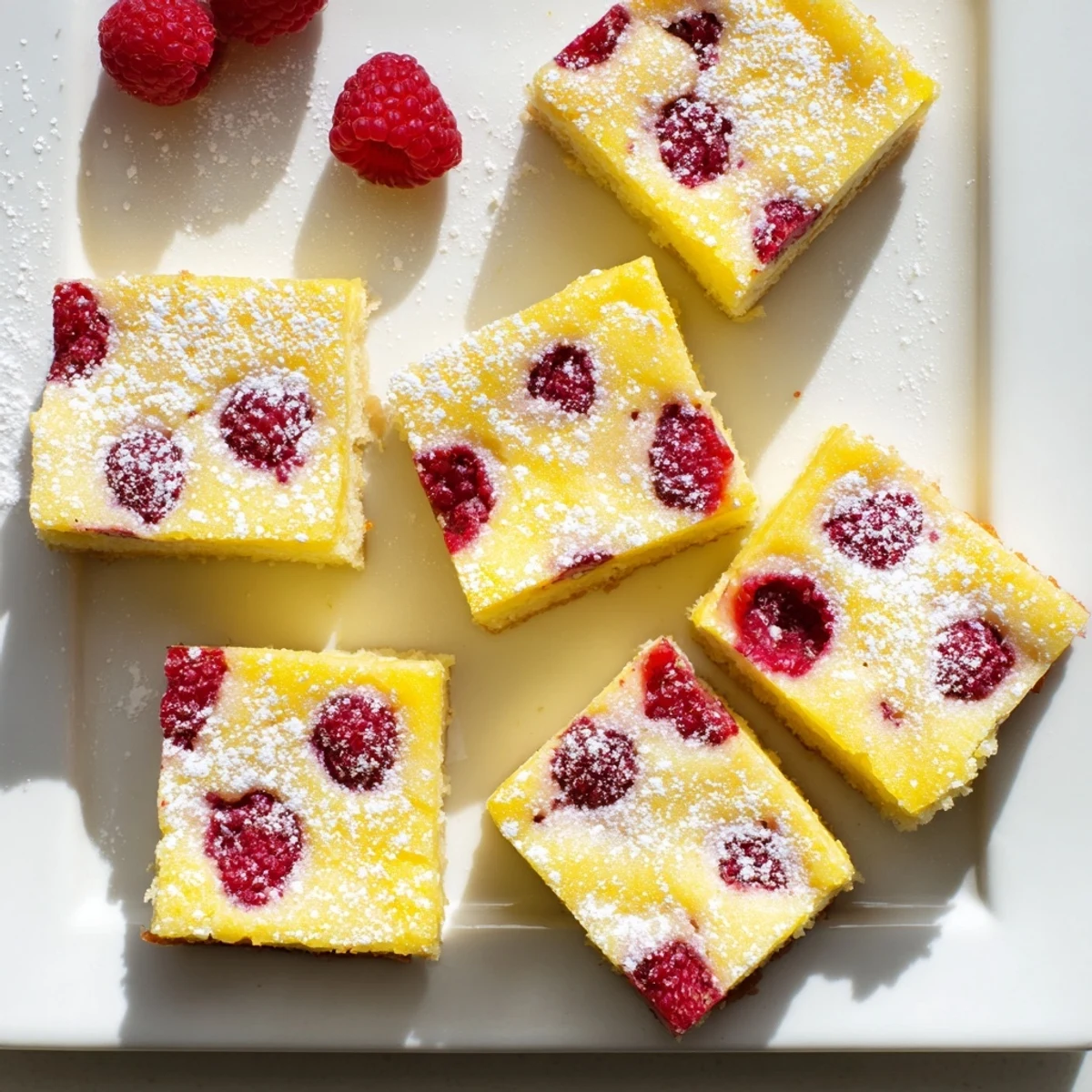 Golden lemon raspberry bars with fresh berries atop buttery shortbread crust, dusted with powdered sugar on a white serving plate