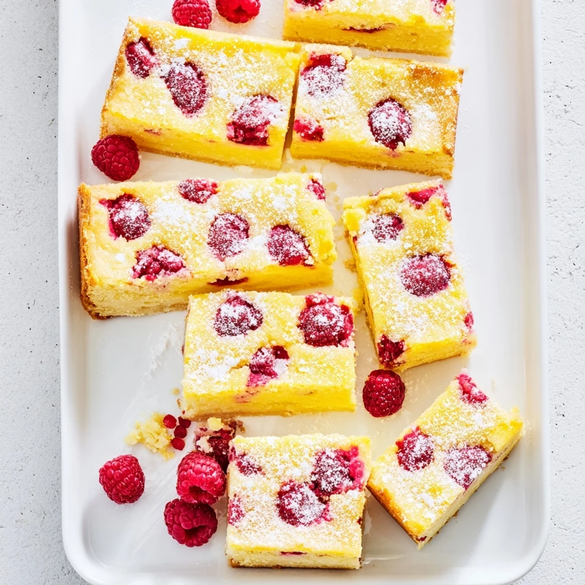 Slice of lemon raspberry bars revealing ruby red fruit swirled through tangy lemon custard on flaky golden pastry base