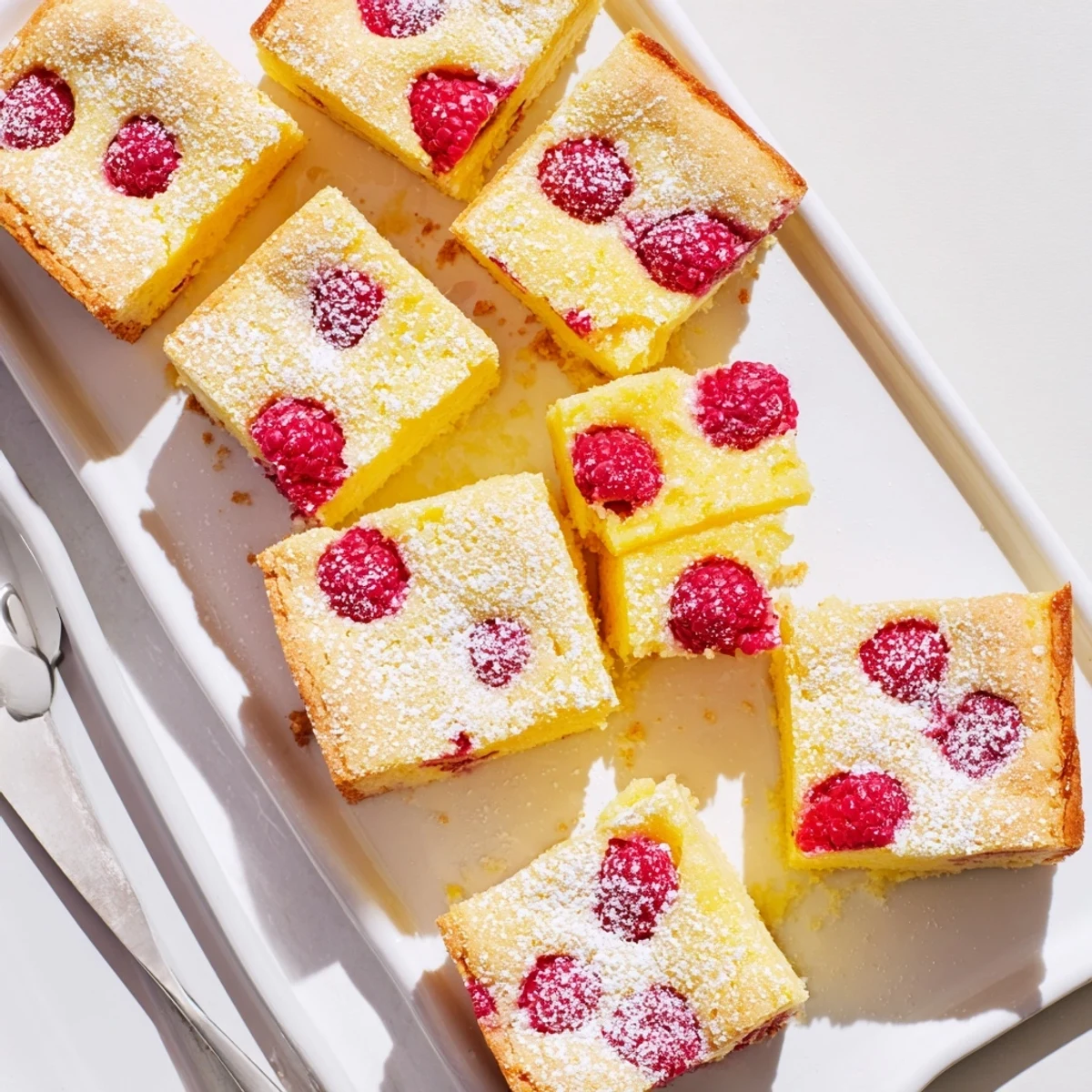 Homemade lemon raspberry bars cut into squares, showcasing vibrant raspberry pieces nestled in bright lemon filling over buttery crust