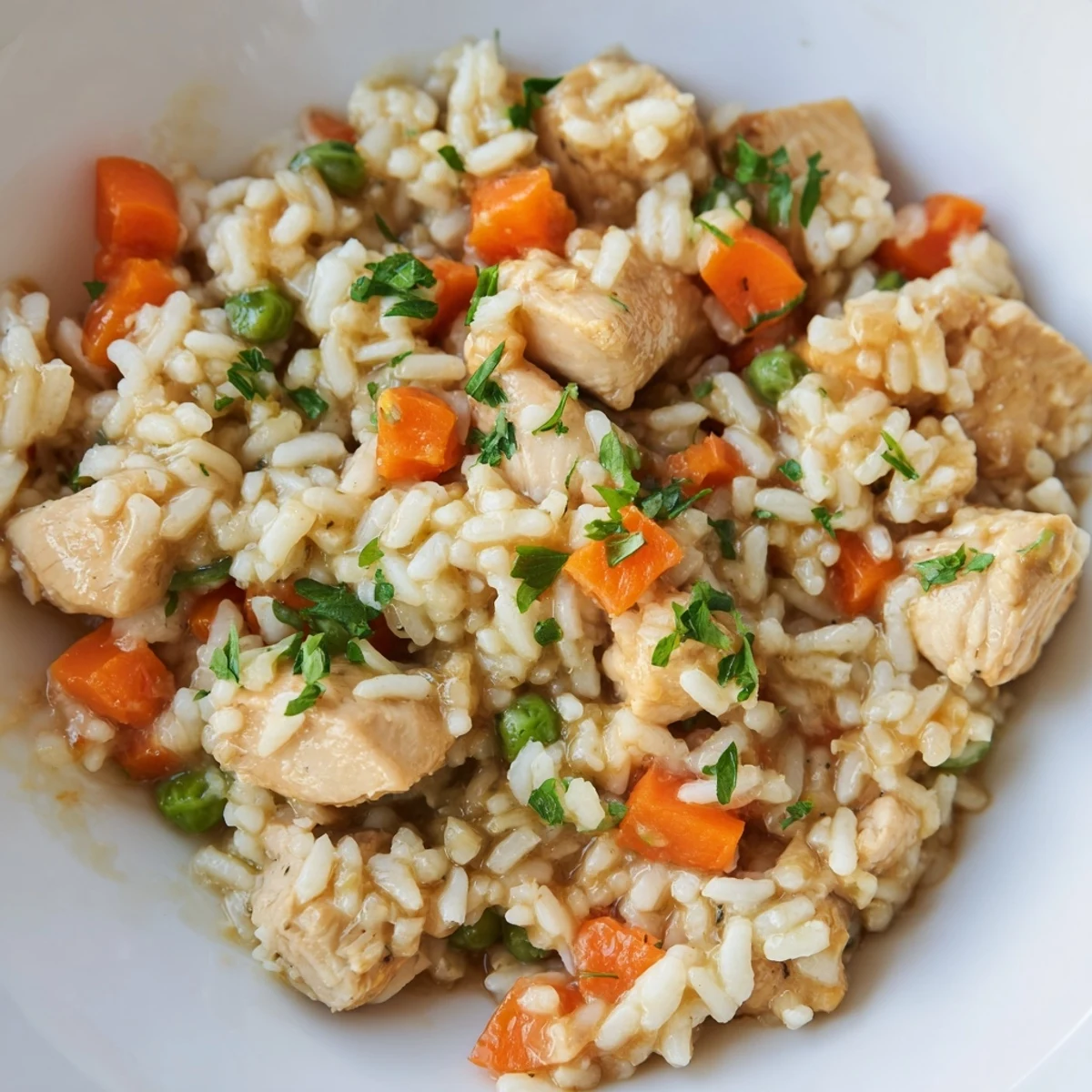Golden Instant Pot chicken and rice recipe with tender meat and colorful vegetables in a rich broth