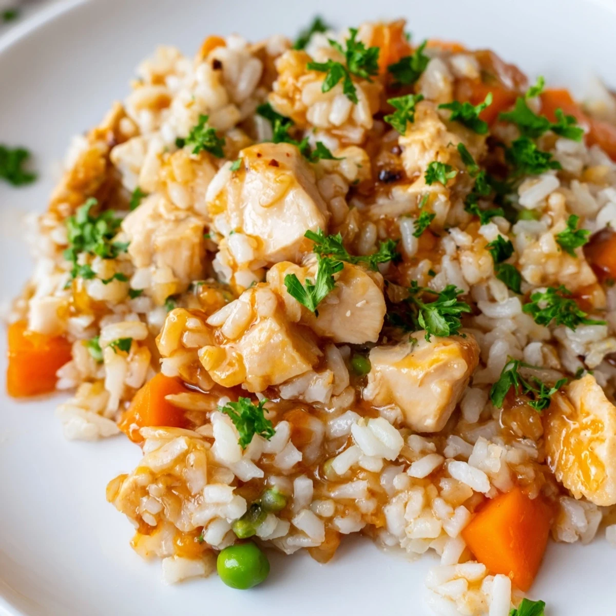 Comforting one-pot Instant Pot chicken and rice recipe garnished with fresh parsley and vibrant pea accents