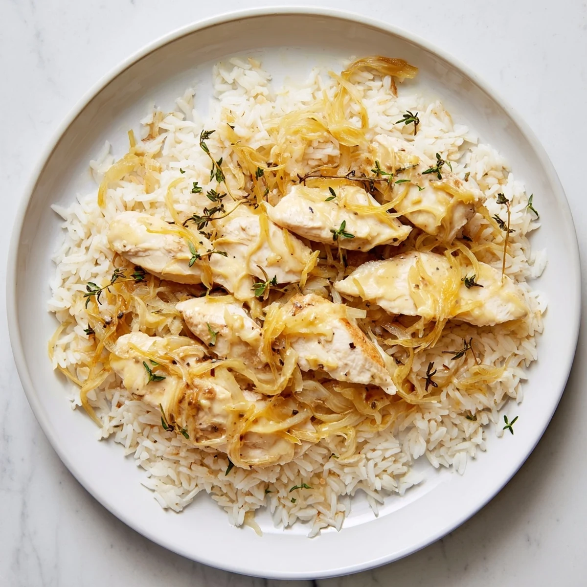 Golden brown chicken breasts resting atop creamy rice with melted Gruyère and caramelized onions