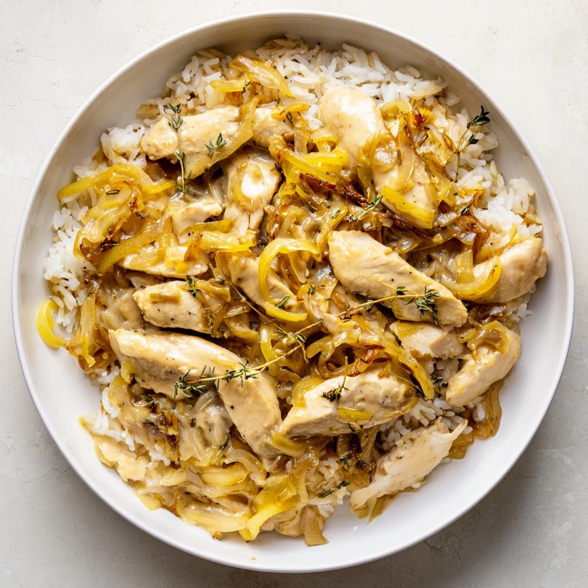 Creamy French onion chicken rice served in a bowl with tender chicken and rich sauce